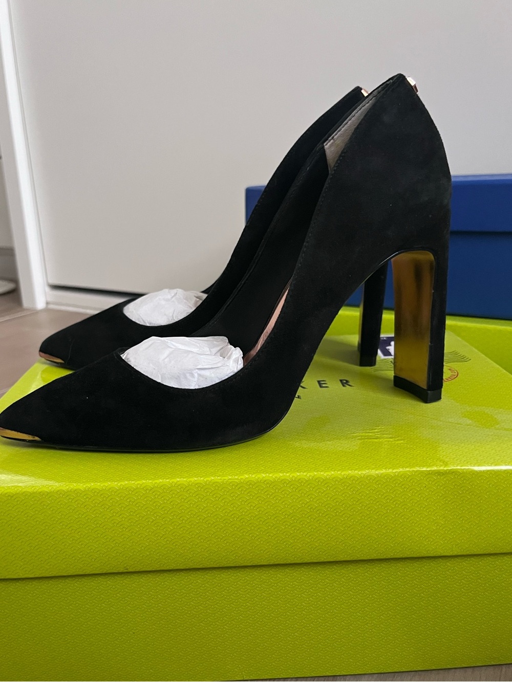 Ted Baker Black Suede Pointed Pumps with Gold Heel Accent